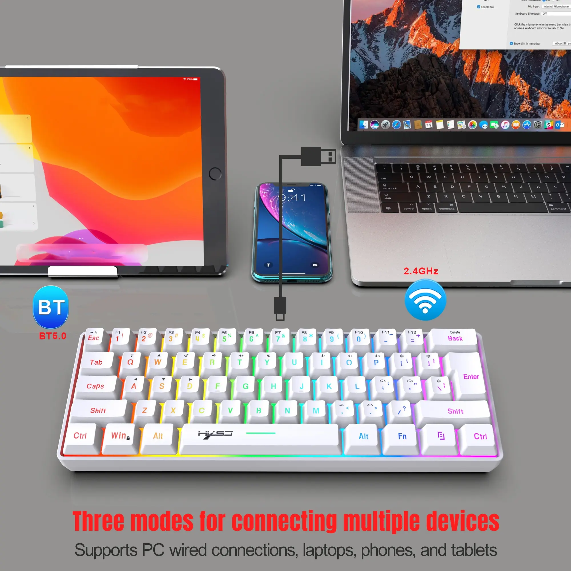 60% Wireless Gaming Keyboard, 61-key Triple Mode BT5.0/2.4G/USB-C Wireless Keyboard, RGB Backlit Ultra-compact Mini Keyboard for iPad MAC Windows Wired Gaming Keyboard RGB Backlight Keyboard