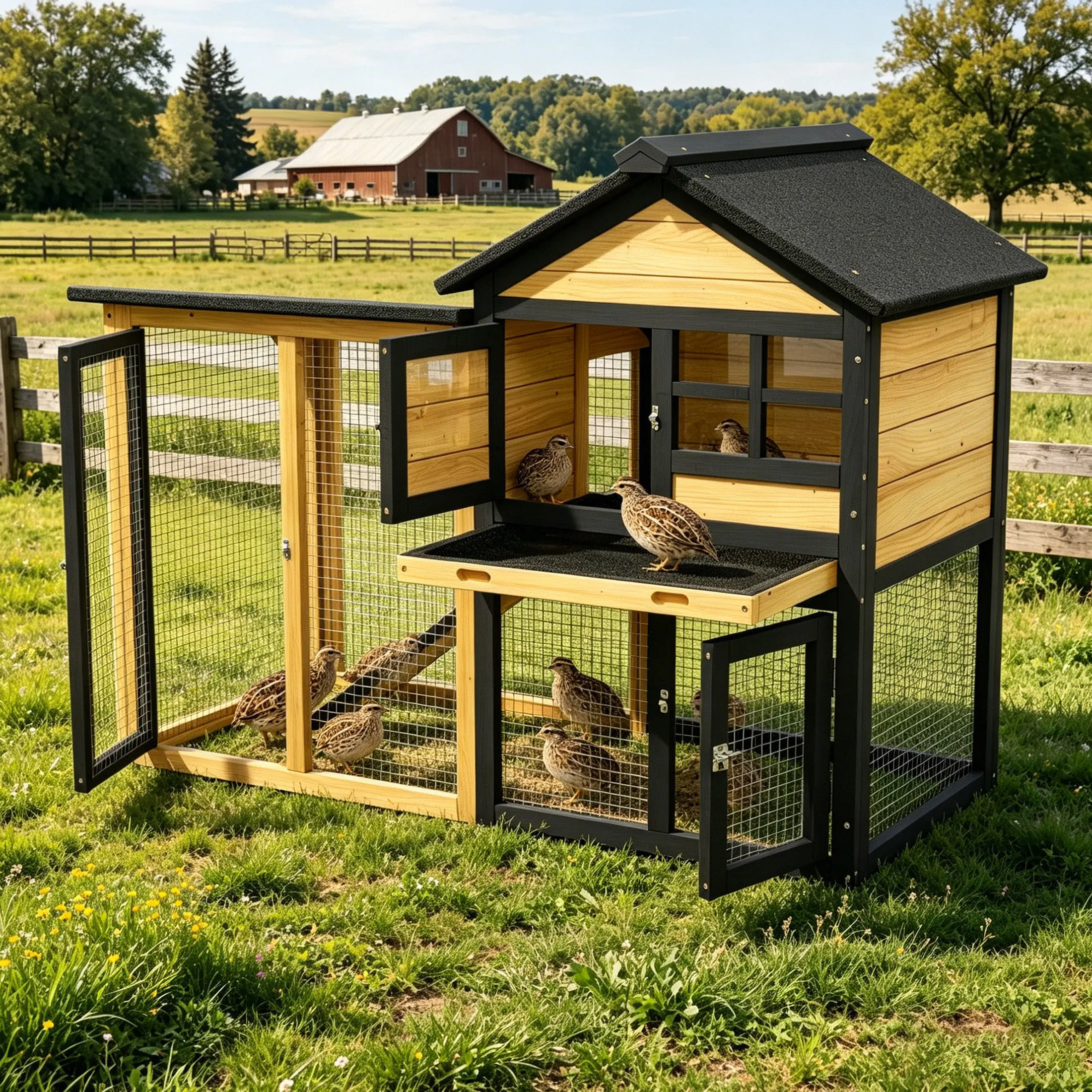 Outdoor Weatherproof 2-Tier Wooden Quail Cage with Pull-Out Tray, 46.9", Yellow