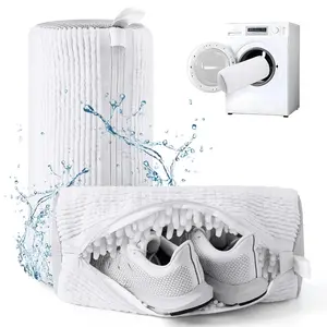 Side Opening Shoe Laundry Bags 2Pcs for Sneakers Fluffy Fibers & Sandwich Mesh Hands-Free Cleaning White Home Goods with Invisible Zipper & Top Strap