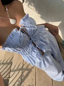 2-Piece Off-Shoulder Crop Top and Long Pants Set, Tie Waist and Ruffled Hem, Stylish Summer for Vacations and Streetwear