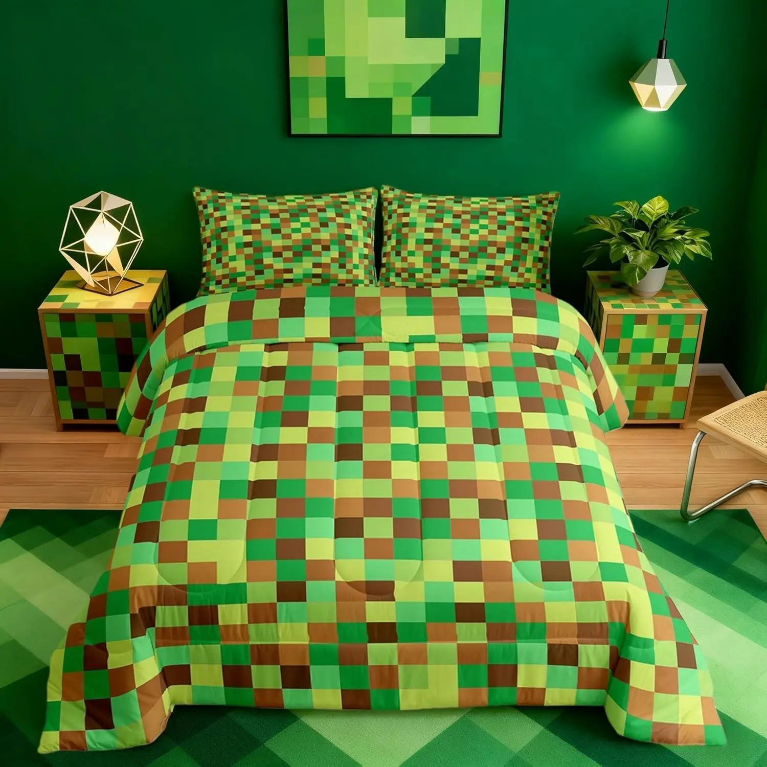 Pixelated Grid Kids Comforter Set,Geometric Camo Blocks Bedding Set for Teens Adults Bedroom Decor,Miners Gamepad Games Duvet Insert,Green Brown Quilted Duvet Set