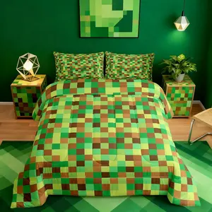 Pixelated Grid Kids Comforter Set,Geometric Camo Blocks Bedding Set for Teens Adults Bedroom Decor,Miners Gamepad Games Duvet Insert,Green Brown Quilted Duvet Set