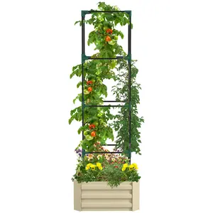 Galvanized Planter Box with Tomato Cage, 24" x 24" x 73.5" Tall Raised Garden Bed in Cream, Heavy Duty Metal Vegetable Planter for Backyard Patio or Greenhouse, Steel Grow Cage for Climbing Vines Tomatoes Cucumbers