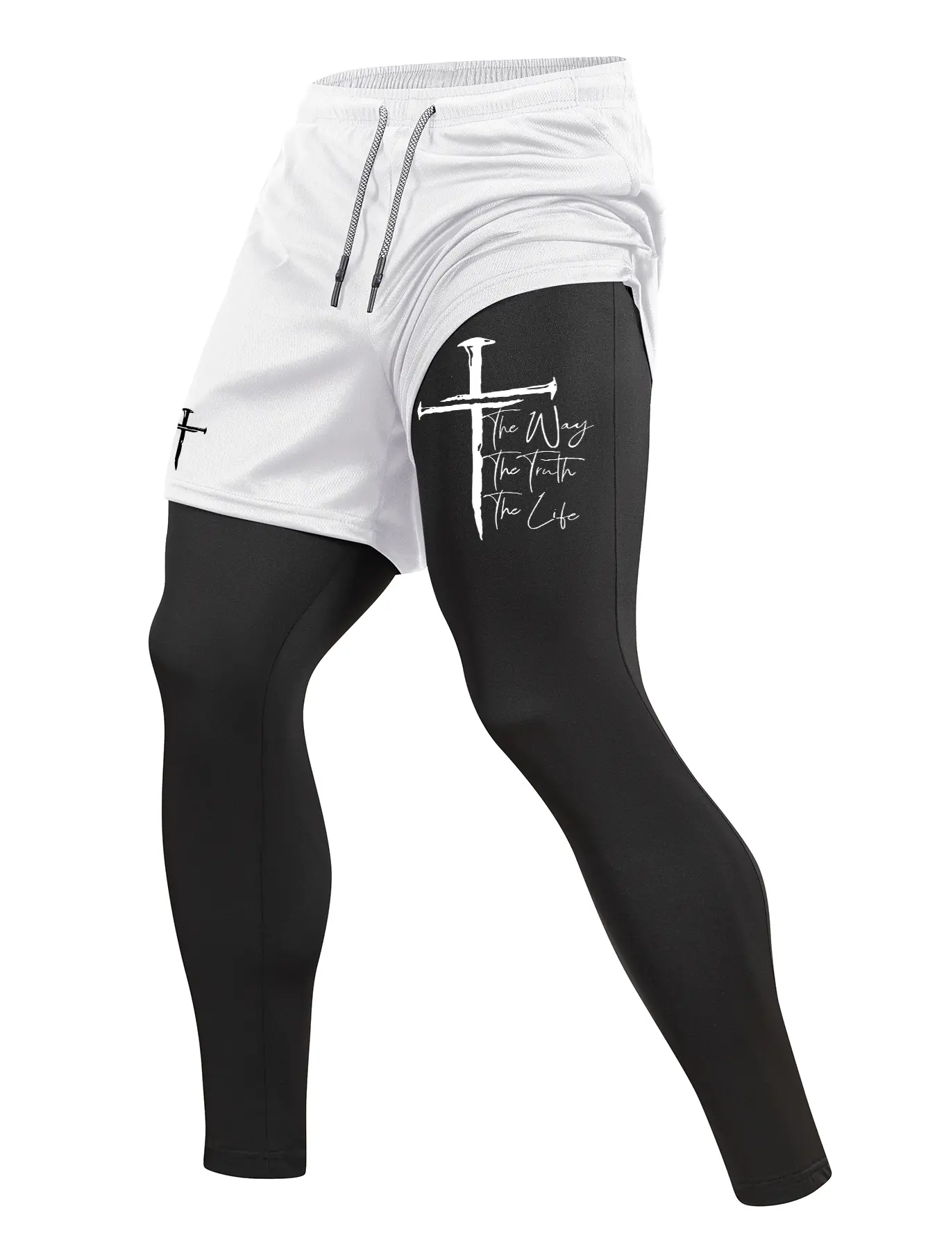 Men's Cross Graphic Printed Sporty 2 in 1 Compression Pants, Activewear Bottoms, Quick Dry Athletic Sports Baselayer, Spring & Fall Gym Workout Fitness Running Tights Leggings with Phone Pocket, Zipper Pocket, Towel Loop, Quick Drying Leggings