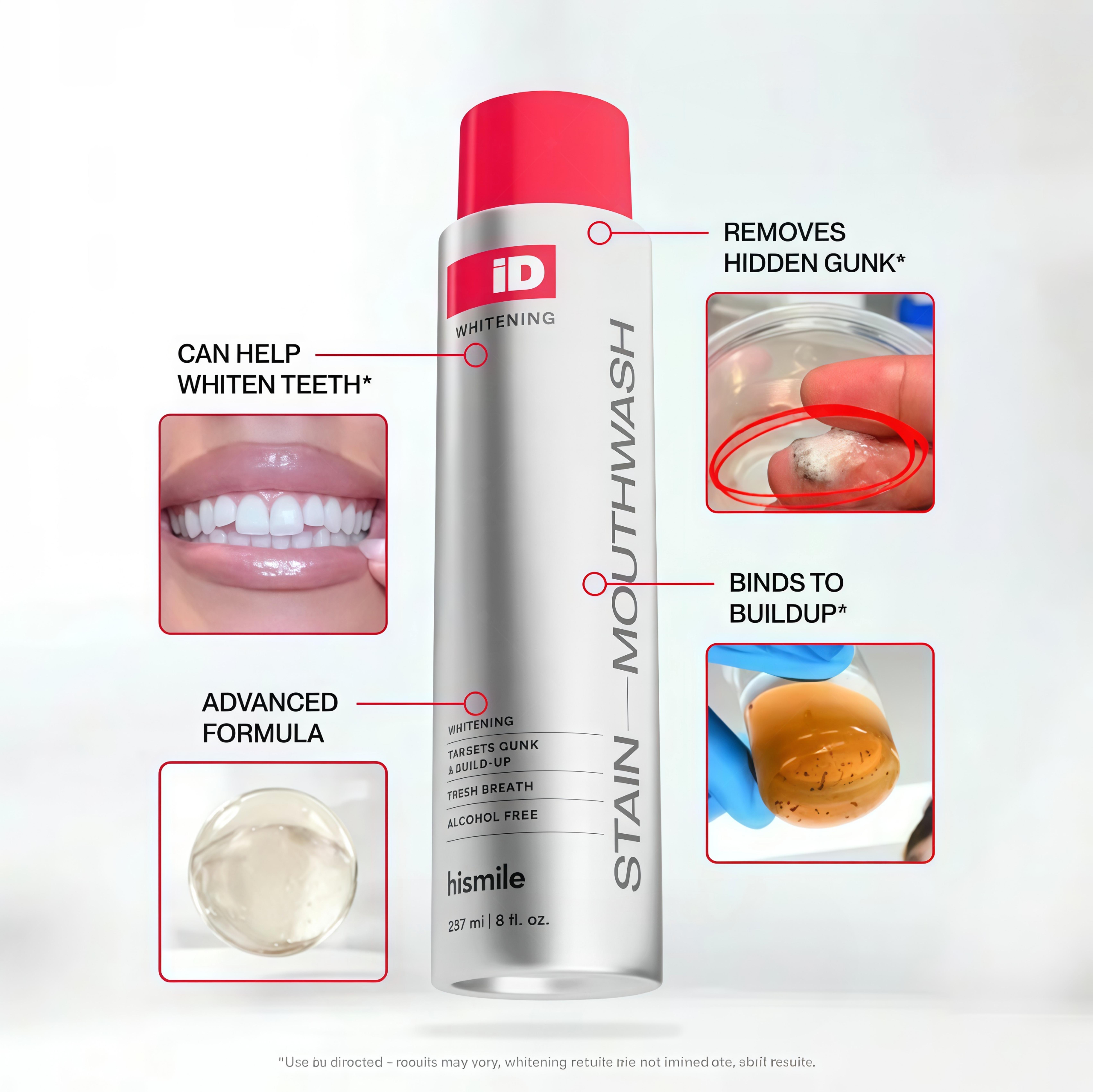 Hismile iD Stain Whitening Mouthwash for White Teeth HA, Freshens Breath with Essential Oils 237ml Daily