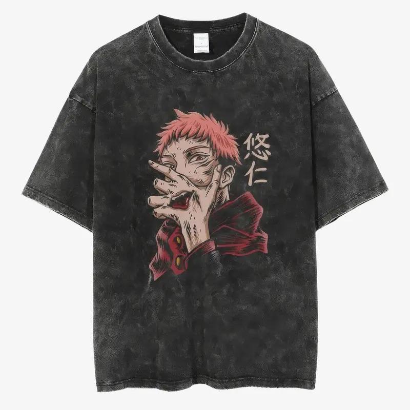 Jujutsu Kaisen Yuji Itadori Sukuna Oversized T-Shirt | Vintage Washed Retro Anime Graphic Tee for Men Women Teens