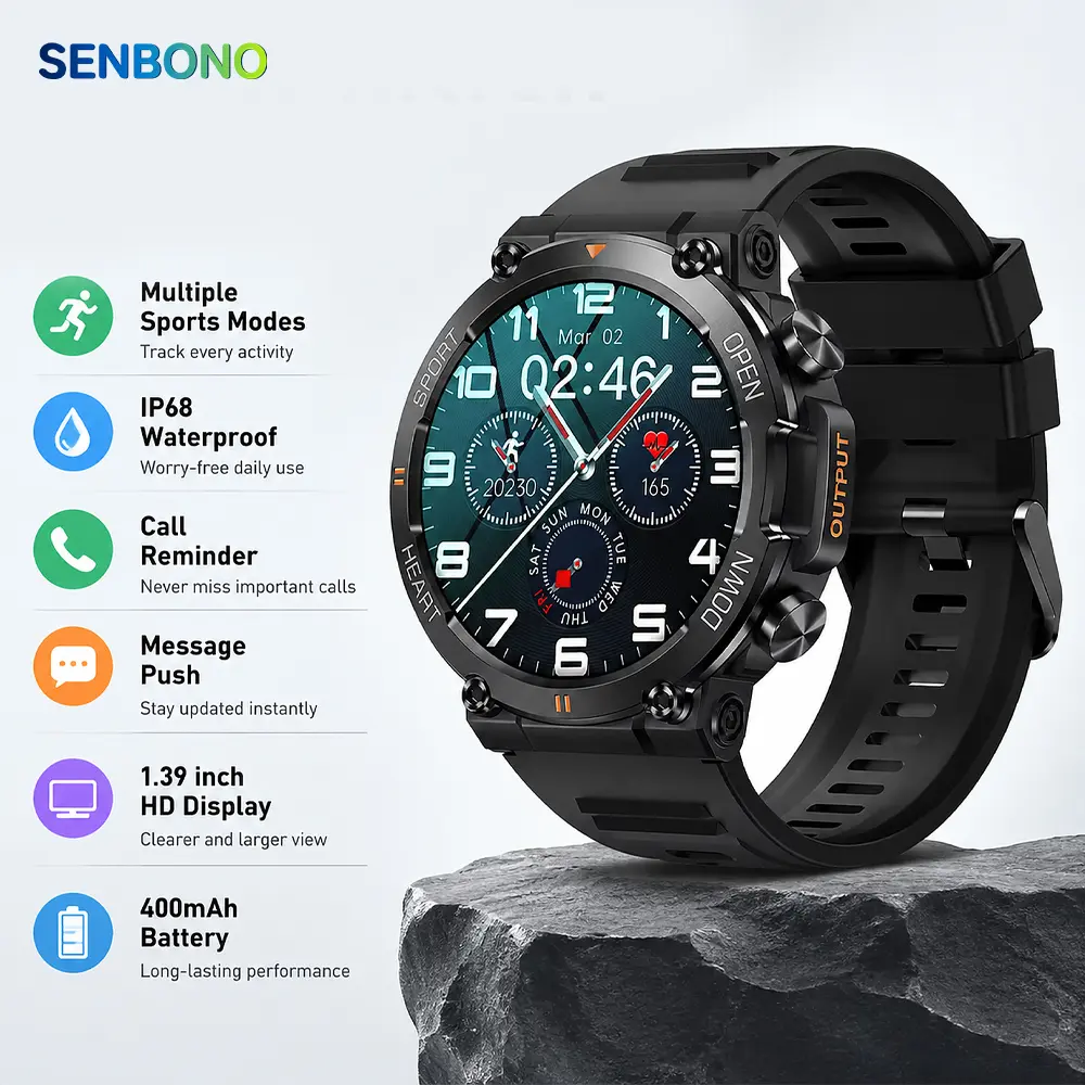 SENBONO Men's Outdoor Smartwatch - Wearable Device with Multiple Sports Modes, IP68 Waterproof, Bluetooth Call Answering, Notifications Push, Pedometer, Calorie Tracker, Compatible with Android & iOS, Holiday Gift