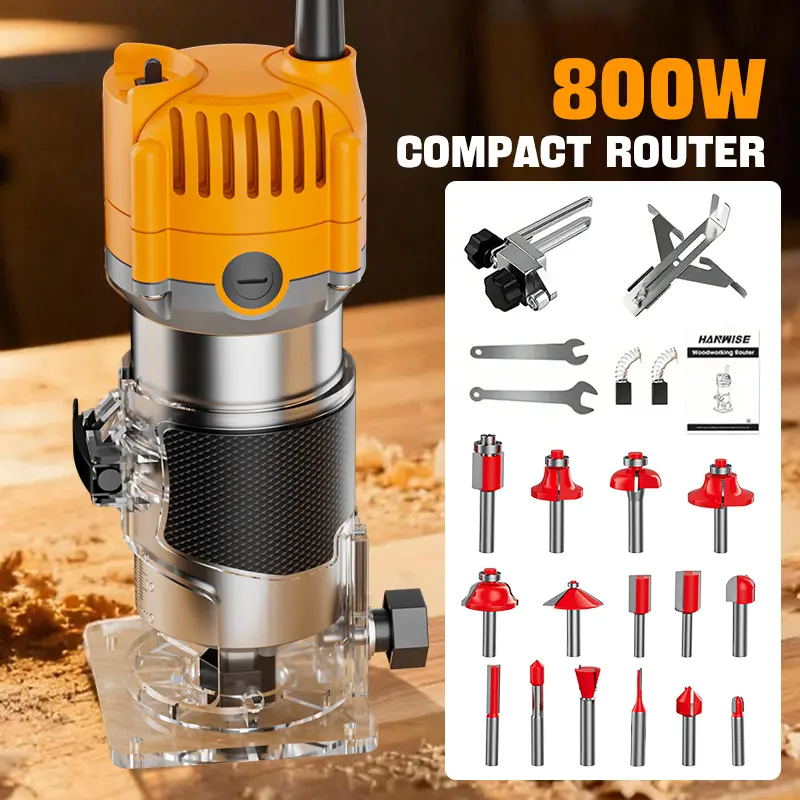 110V Compact Woodworking Router Kit with 15-Piece Tungsten Carbide Bits ,Height-Adjustable Base with Scale , For Wood, Cabinetry, Plastic Sheets, Wood Veneers & More,Perfect for Chamfering, Pattern Shaping & DIY Projects