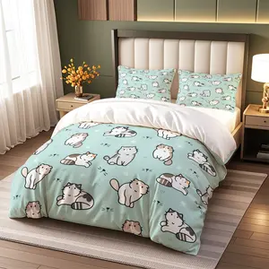 Cartoon Cat Print Bedding Set, Includes 1 Fitted Sheet + 2 Pillowcases, Comfortable Bedroom & Guest Room Bedding, No Padding