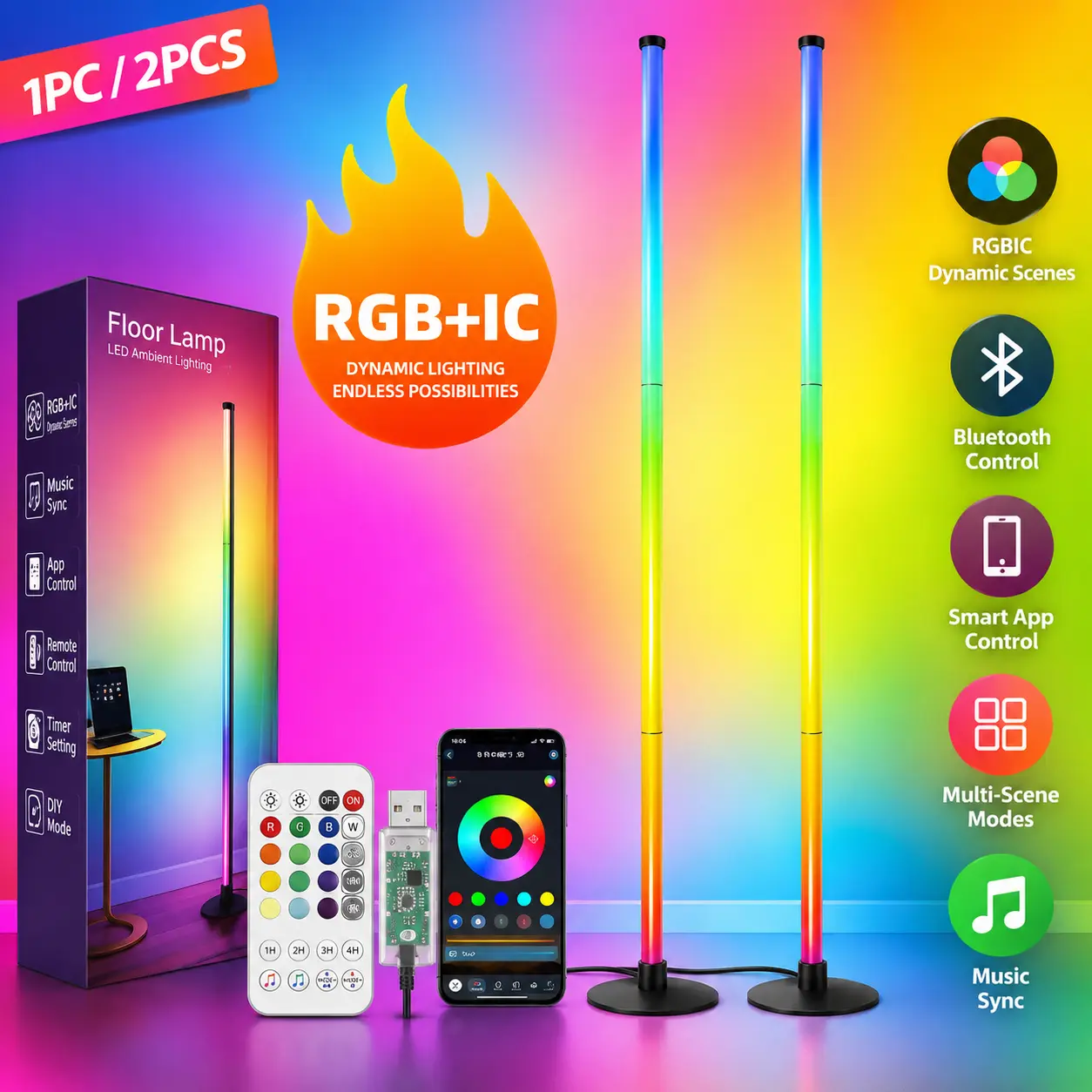 RGBIC LED Corner Floor Lamp, 48-Inch Color Changing Ambient Light with Bluetooth App & Remote for Living Room, Bedroom, Movie Night, Gaming Room, 1 Pack/2 Pack