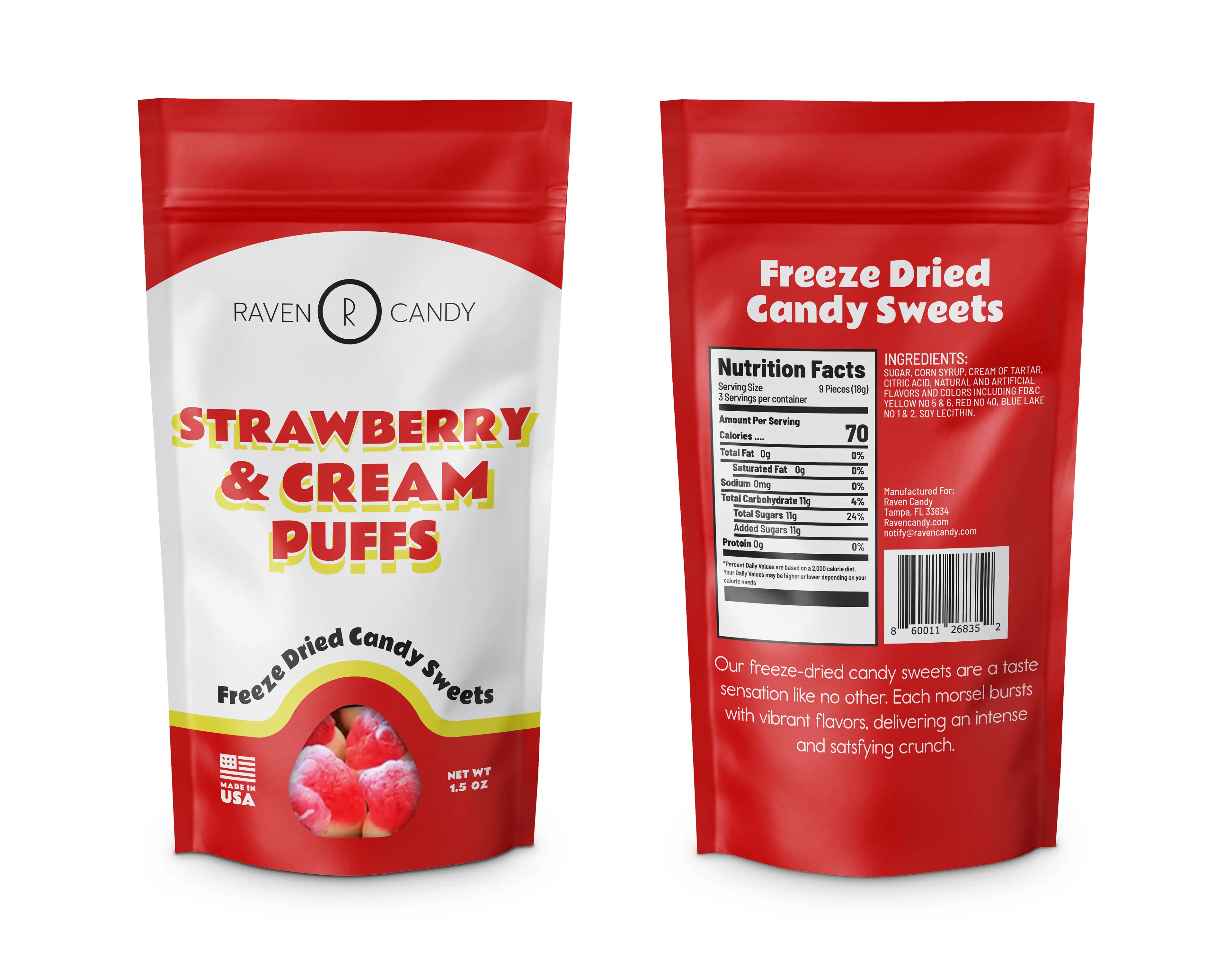 Raven Candy Strawberry & Cream Puffs Freeze Dried Candy 1.5 oz Snack Sweet Candies Bonbon