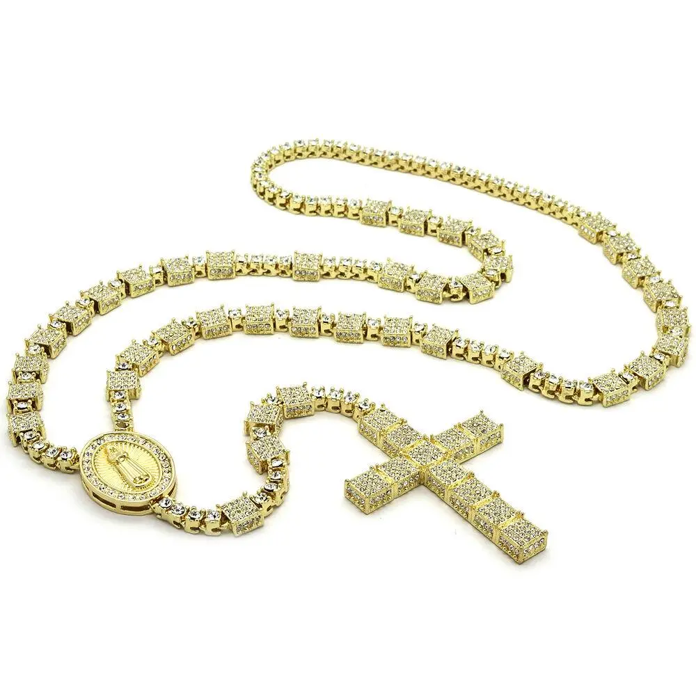 14K Gold Plated CZ Rosary Necklace 3D Cube Cluster Guadalupe Cross Spiritual Streetwear Bling
