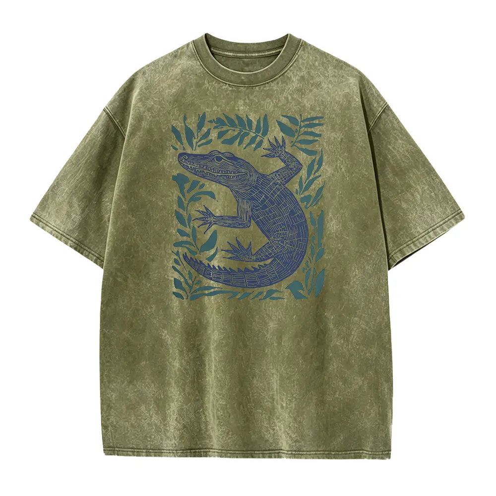 Men's Alligator Botanical Graphic T-Shirt - Stylish Baggy Seamless Short-Sleeve Wildlife Tops