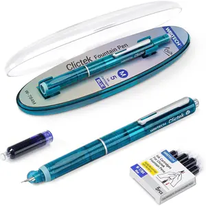 Fountain Pen Set: Retractable Style Blue Ink Medium Nib Transparent Barrel, Includes 5 Ink Cartridges for Gift Set, Smooth Writing No Leaking