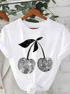 Plus Size White Graphic Short Sleeve T-Shirt, Cute Summer Top, Casual Street Style