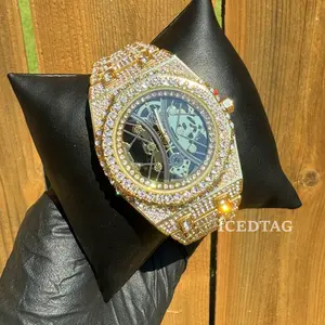 Men's Gold Plated Iced Band Metal Lab Diamond Skeleton Dial Watch