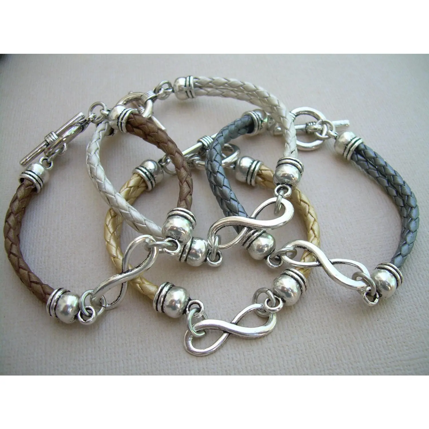 Custom Sized Braided Leather Infinity Charm Bracelet with Toggle Closure Clasp