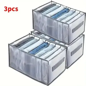 3pcs 7-Compartment Fabric Closet Organizer, Foldable Drawer Sorter, Transparent Grid Design, Space-Saving Clothing Storage System