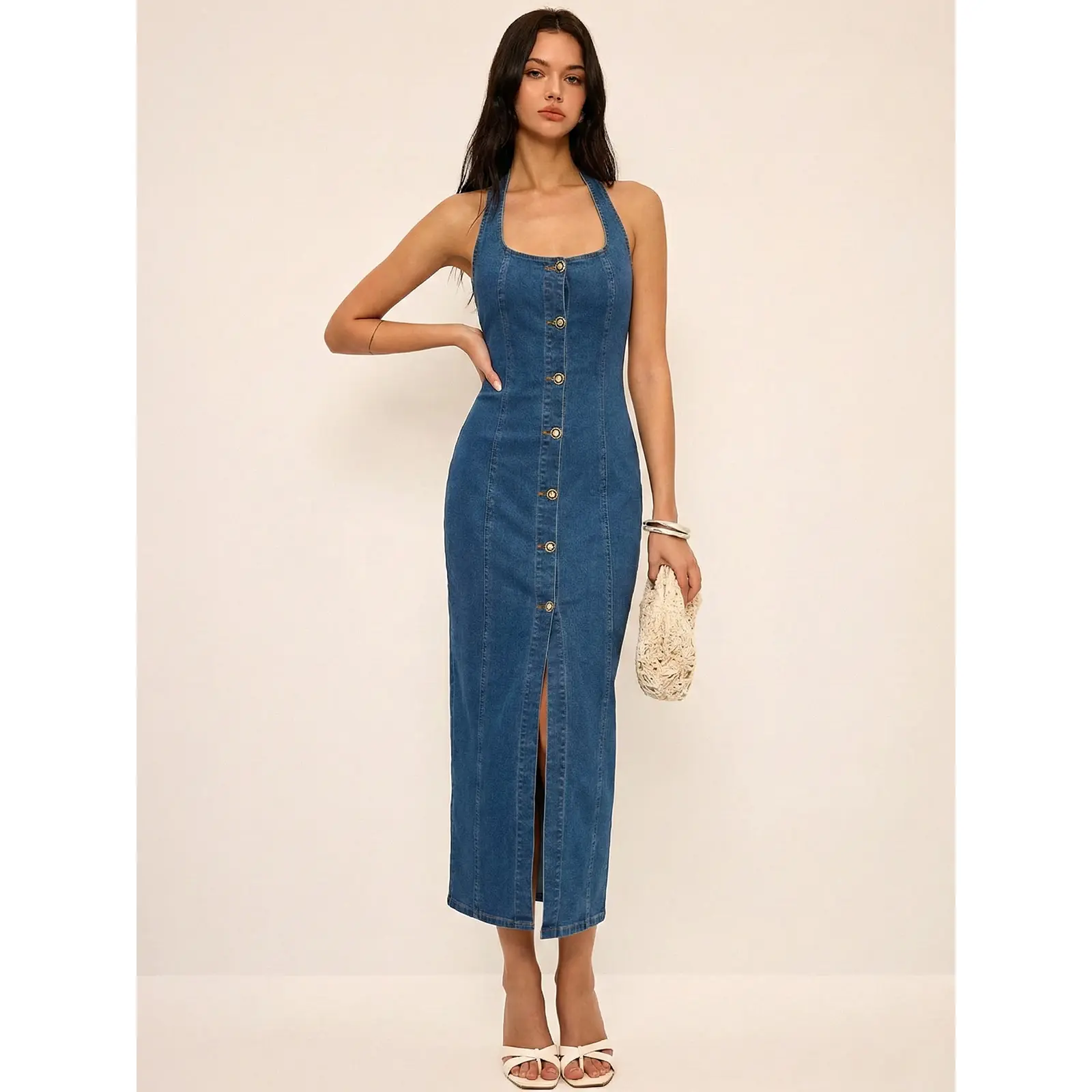 Denim Halter Button Front Maxi Dress