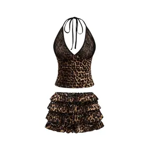 Y2K Skirts Sets 2 Piece Outfit Cheetah Lace Halter Top and Ruffle Layered Mini Skirt Set