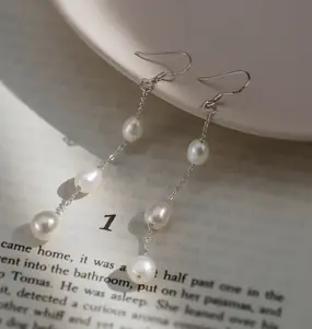 【E03】Minimalist Series, S925 Freshwater 3-Pearl Dangling Earrings for Ladies – Perfect for Daily Wear & Gifts