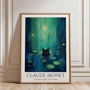 Claude Monet Black Cat Water Lilies Art Print, Whimsical Feline Wall Decor,Impressionist Cat Poster | Unframed W