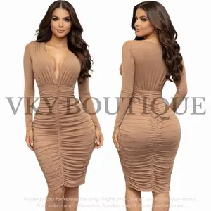 V-Neck Diva Ruched Bodycon Dress with Long Sleeves for Women TS