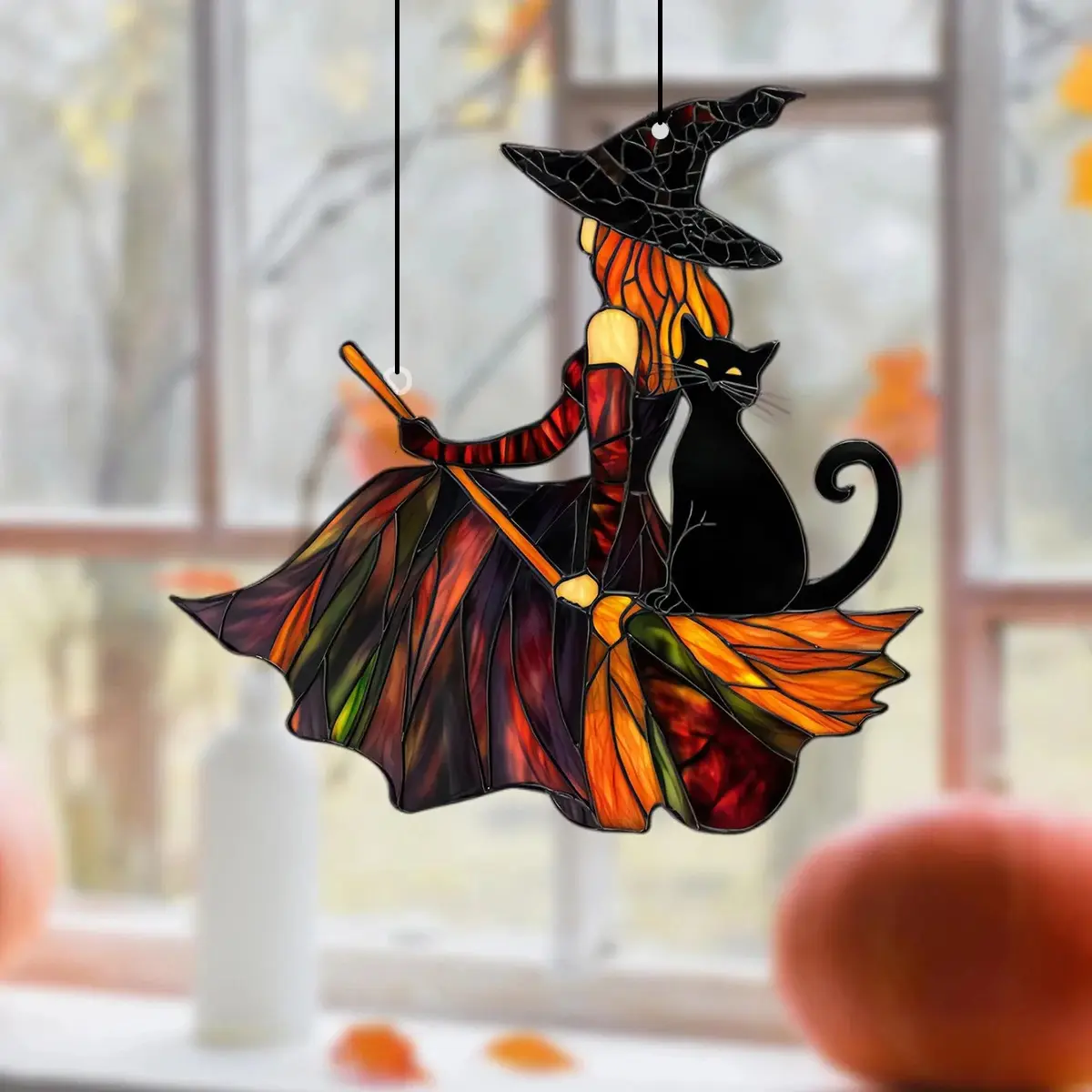 Lightweight Gothic Acrylic Witch & Black Cat Suncatcher Wind Chime, Broom Witch Hanging Ornament, Spooky Halloween Home & Party Window Decor