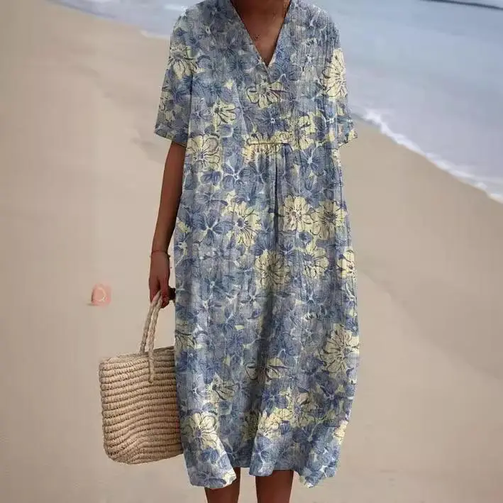 Women's Polyester Shortsleeve Casual Long Dress - Floral Printed, Loose Style, Lady's Colorful Floral Casual Wear (1-Piece)