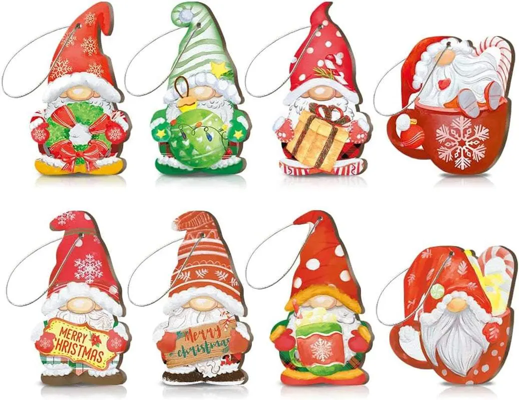 Set of 8 Gnomes Decorations, Christmas Tree Ornaments, Front Door Farmhouse Sign, 5X3 Inches Hanging Plaque