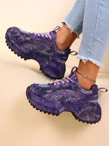 Women's Vintage Rhinestone Denim Chunky Sole Dad Shoes, Casual Textile Upper Rubber Sole Sneakers for All Seasons