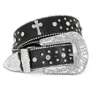 JASGOOD Rhinestone Studded Belt for Men Women, Western Leather Belt for Cowgirl Cowboy Vintage Bling Belt for Pants Dress