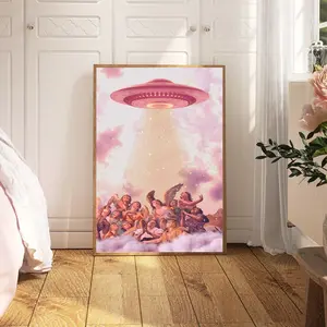 Room Decor, Divine Ufo, Preppy Pink Art, Girly Aesthetic Wall Art, Holy Wall Art Ufo, Angels in Clouds Art