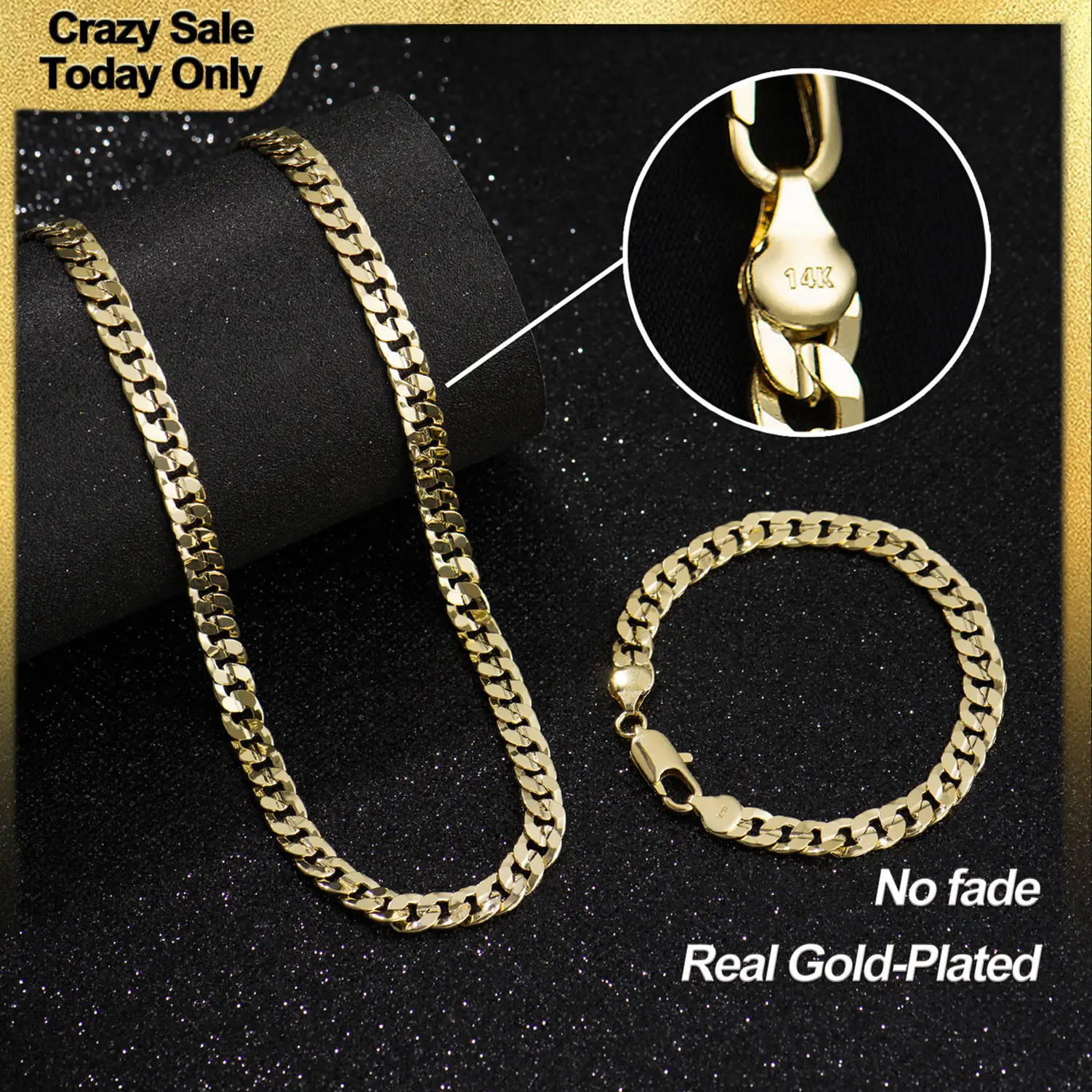 Holylegend 14K Real Gold-Plated Cuban, Figaro, Rope Chain Set– Upgraded Craft, Faceted Cut,Tarnish-Free with Nanotechnology Coating, 24 Inches Necklac