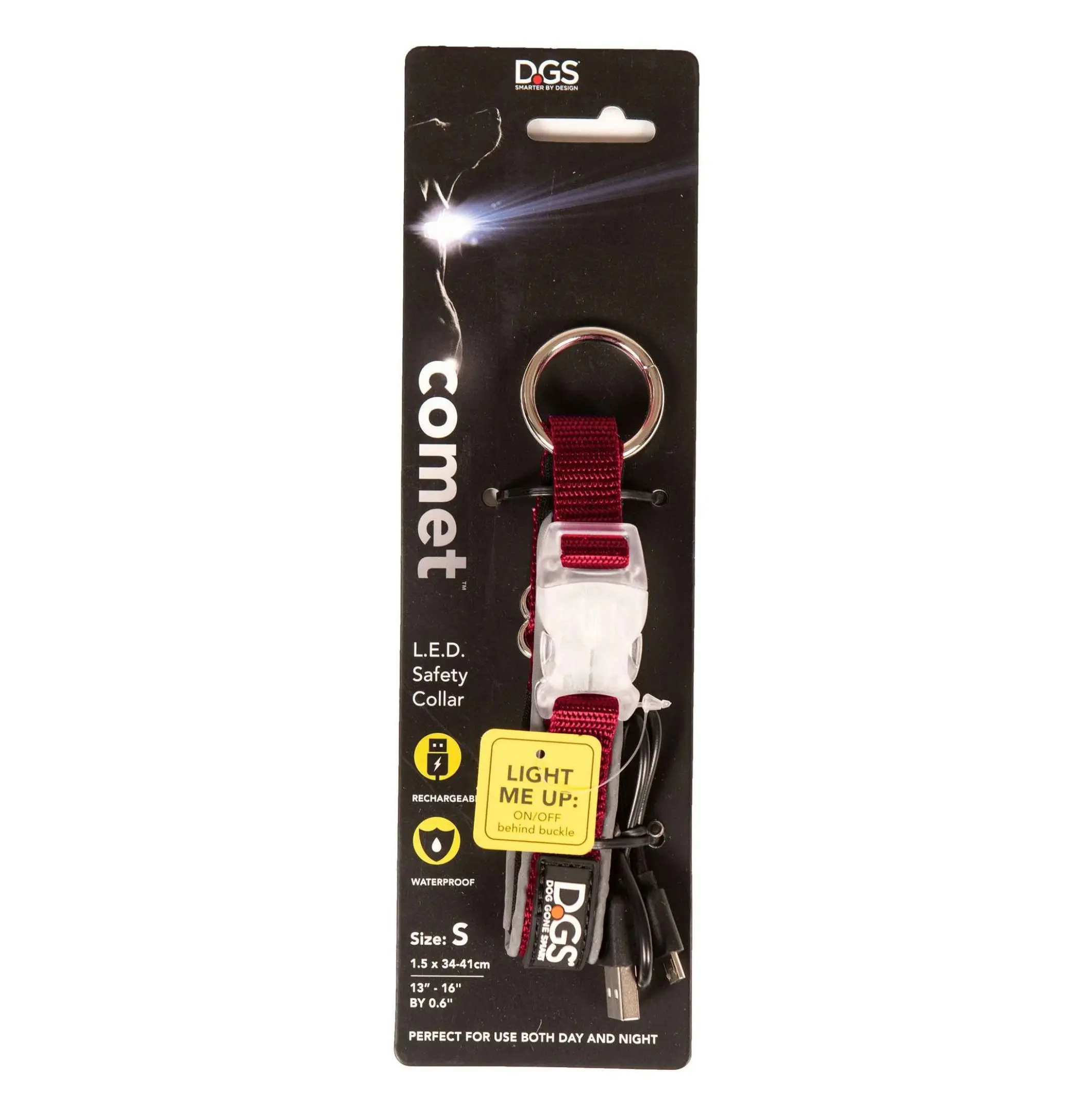 Rechargeable Dog Collar Light Accessory - Nylon, 13.5-16 in Small Size, Red, USB Charger, Bright Light, Continuous & 2 Flashing Modes, Durable Nylon Buckle, Visibility Boost for Night Walks on Park Streets, 13.5-16 Inches