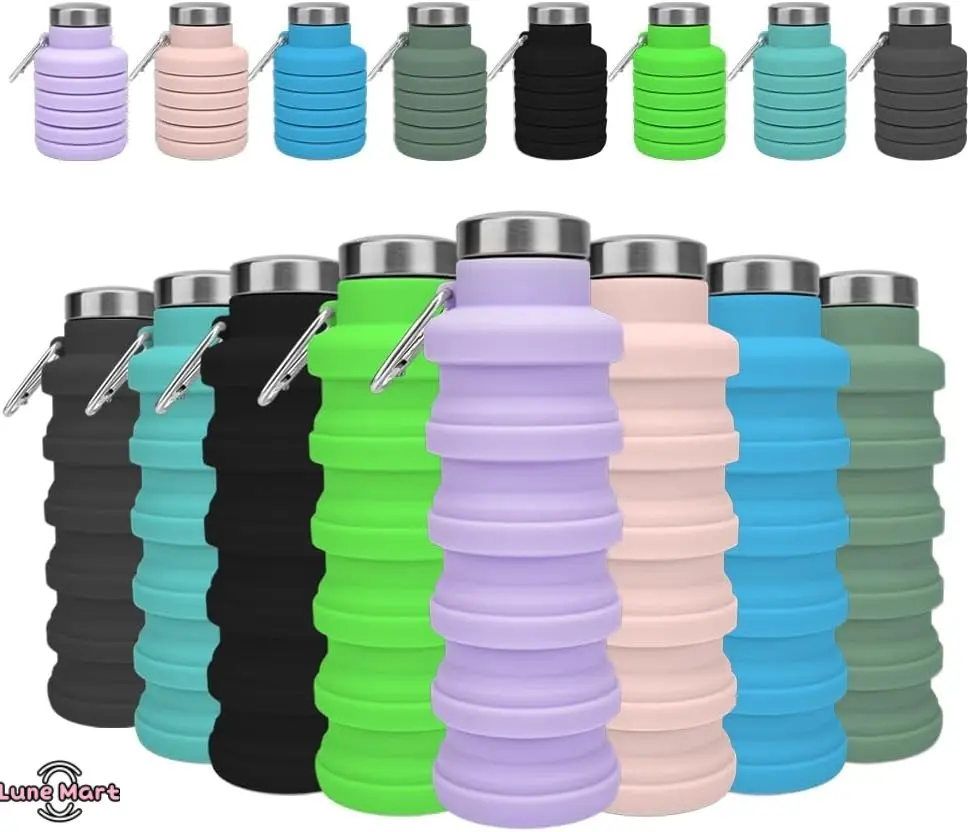 Collapsible Foldable Compact Silicone Water Bottle - BPA-Free, Reusable, Leak-Proof, Portable Sports Bottle with Carabiner for Active Lifestyles, Gym Travel Essentials