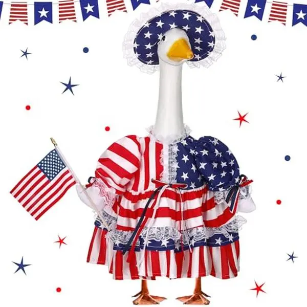 4th of July Porch Goose Outfits for 23'' Cement Plastic Porch Goose Statue (not included goose), 250th Anniversary Patriotic Porch Goose Clothes with Flag Star Red Blue White Strip Goose Costume for Independence Day Summer Lawn Yard Garden Porch Decor