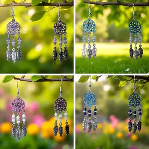 Dreamcatcher Earrings with Crystal Beads and Silver Colored Feathers Colorful Design Options Available in Various Colors