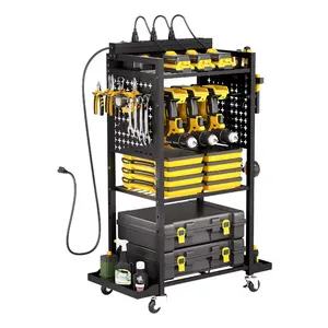 fathersdaygift  VEVOR 4-tier Tool Organizer Cart with Charging Station, 8 AC Outlet, Floor Stand Rolling Drill Holder and Tool Battery Storage Rack on Wheels, Garage Floor Rolling Storage Cart for Workshop, Garage