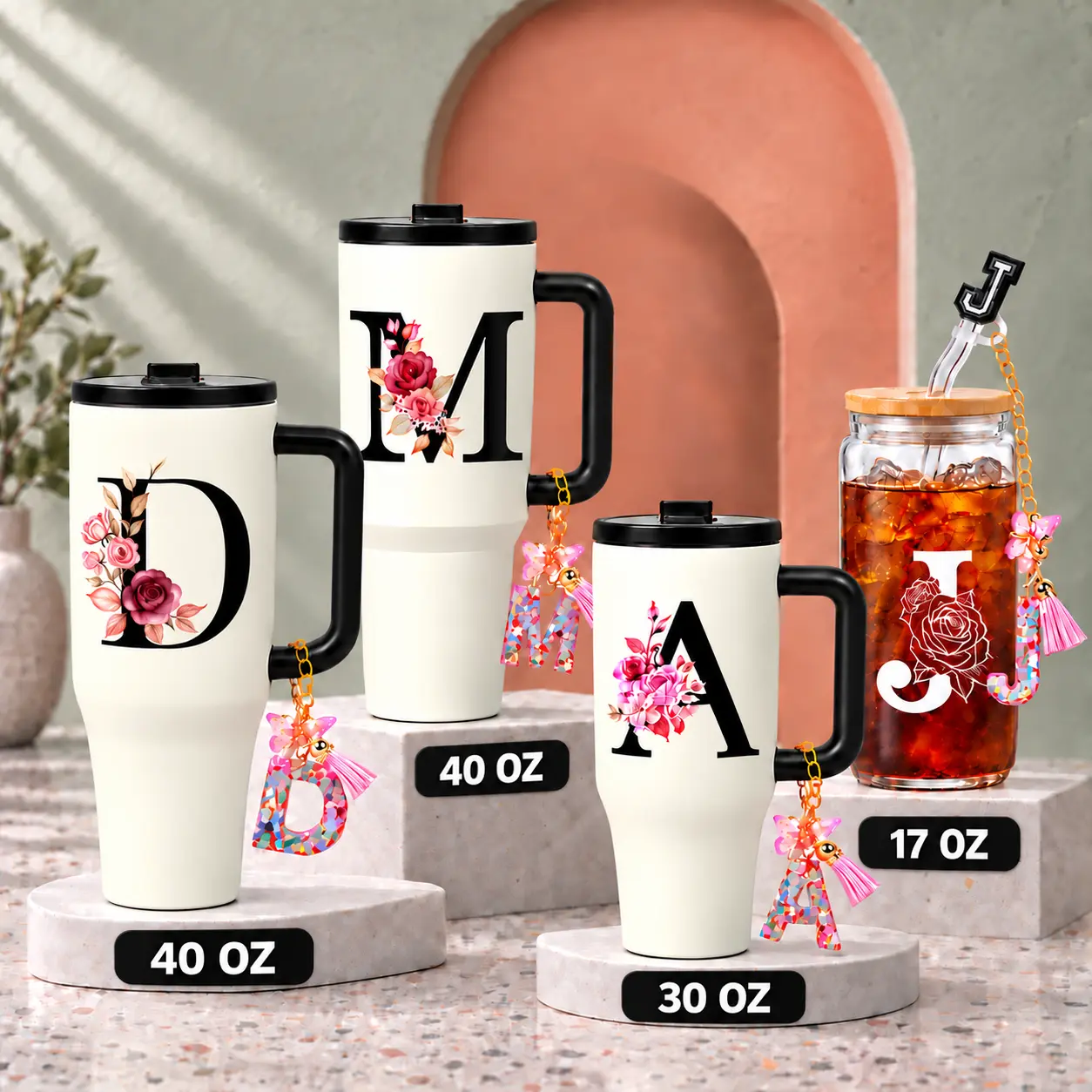 ZIOSINM Floral Initial Tumbler Gift Set for Women, Includes Gift Box, Greeting Card and Matching Letter Keychain, Available in 30oz or 40oz Stainless Steel, or 17oz Glass Flasks