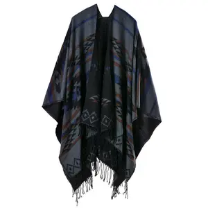 European American Popular Tassel Thickened Cashmere Like National Style Travel Fork Shawl Scarf in autumn Ponchos Capes P9