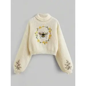 Women's Cartoon Bee Embroidered Drop Shoulder Sweater, Casual Knitted Long Sleeve Turtleneck Sweater Suitable for Spring and Autumn, Fashionable Women's Knitted Sweater, Daily Wear Fashionable Women's Knitted Sweater, Women's Clothing