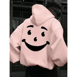 Men's Smile Face Print Drawstring Drop Shoulder Hoodie, Casual Comfy Long Sleeve Kangaroo Pocket Design Thermal Lined Hooded Sweatshirt for Fall & Winter, Men's Top for Daily Wear