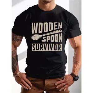 Men's Casual T-Shirt With "Wooden Spoon Survivor" Graphic Print, Short Sleeve Crew Neck Summer Trendy Top For Daily Wear, Big & Tall