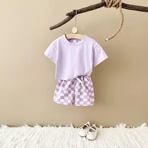 Summer two-piece baby clothing solid color T-shirt + plaid design shorts lavender series baby breathable cool suit (short sleeves and shorts, without any shoes, hats and other accessories)