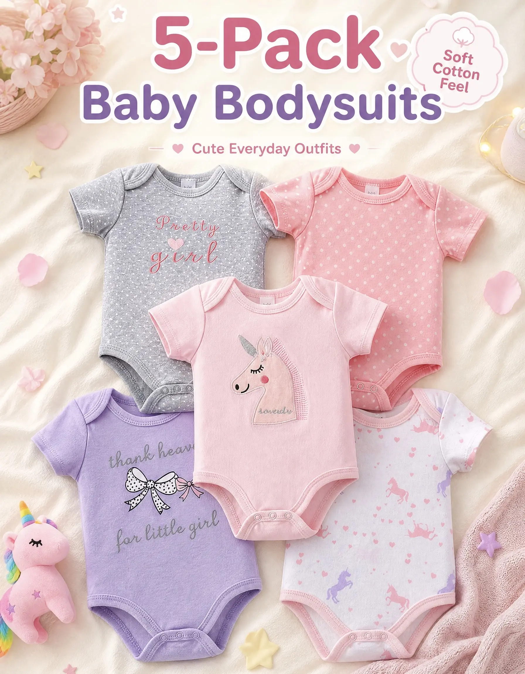 PRETTY GIRL ALERT! 5-Pack Baby Girl Bodysuits | 5 Cute Prints | Soft Breathable Cotton | Great Value Set