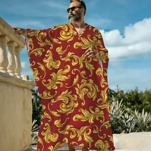 Men's Loose V-Neck Pullover Red Gold Baroque Print Caftan, Ornate Vintage Medallion Beach Cover Up, Breathable Short Sleeve Resort Lounge Sleep Shirt for Men