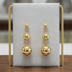 Beautiful Gold-Toned Dangle Earrings with Double Sphere Design for Women's Fashion