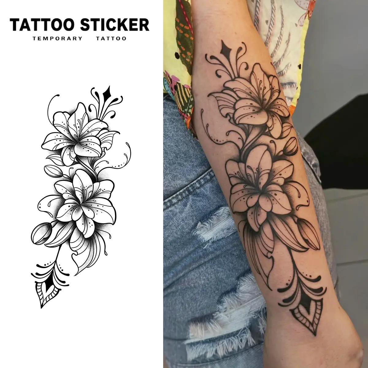 2 PCS Long Lasting Minimalist Black Shading Lily Floral Vine Tattoo Stickers Dainty Ornamental Scroll Waterproof Sweatproof Forearm Arm Temporary Body Art For Women