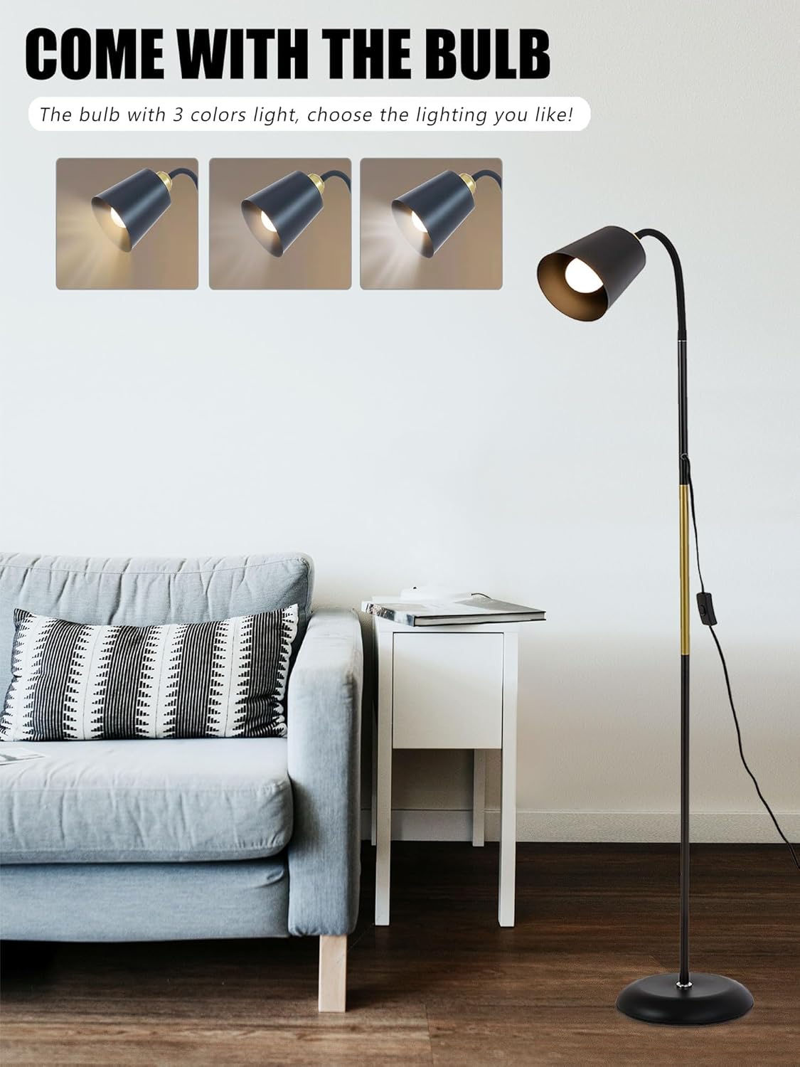 Short Floor Lamp, AoMck 2 in 1 Reading Table Lamps with Adjustable Bendable Neck, Standing Lamp for Living Room Bedroom Office, 12W Bulb Included (Black)